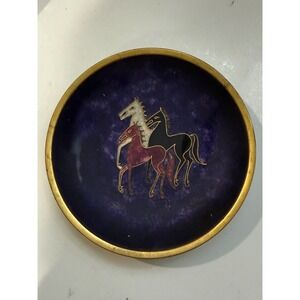 Vintage MCM Cloisonne Enamel Horse Trinket Dish Japanese Purple Gold Trim 4"